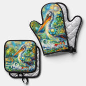 ペリカンインワンダーランドフローラグリーンブルーイエロー 鍋つかみ&鍋敷きセット (正面/裏面)
