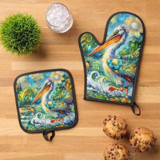 ペリカンインワンダーランドフローラグリーンブルーイエロー 鍋つかみ&鍋敷きセット (トップダウン)