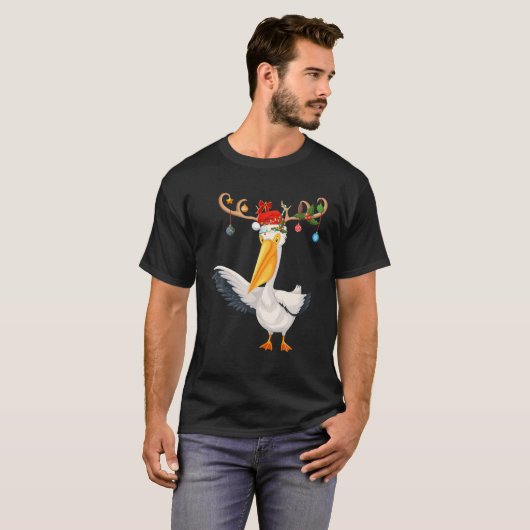ペリカンバードクリスマスズギフトトナカイサンタハットペリカン Tシャツ (正面フル)