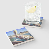 ペリカンバード海ビーチピアフォトサンデイ引用文 ストーンコースター (横)