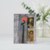 ペリカン鳥と2つのスタンプのミックスメディアコラージュ ポストカード (スタンド正面)