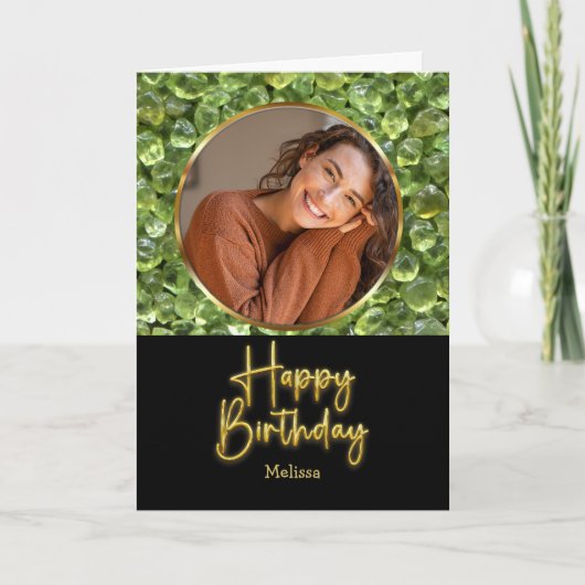 ペリドット 誕生石 ゴールド 手書き風フォント 写真入り 誕生日カード カード (正面)