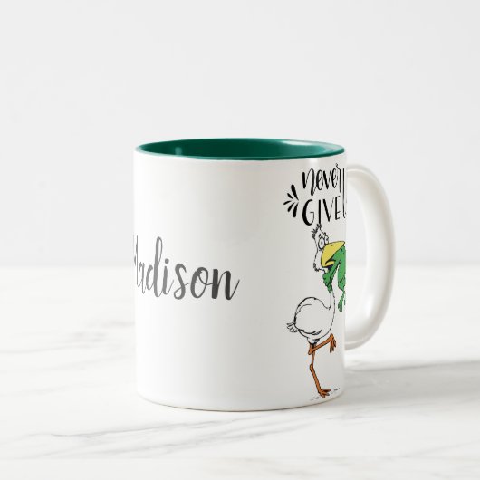 ペリパーソナライズされたカ与えンとカエルを決して上げない ツートーンマグカップ (正面右)