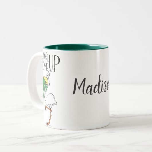 ペリパーソナライズされたカ与えンとカエルを決して上げない ツートーンマグカップ (正面左)