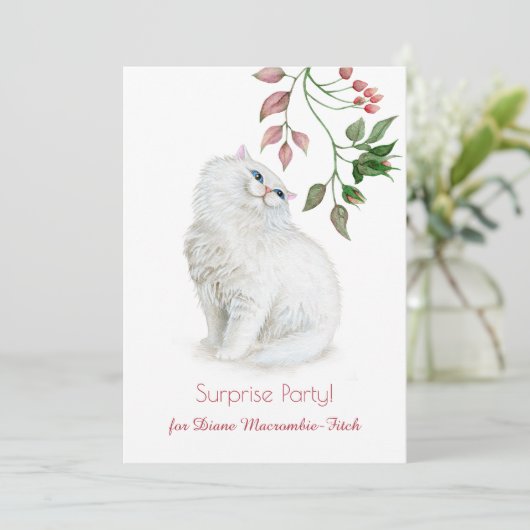 ペルシャの子ネコのピンクの緑の花の誕生会 招待状 (スタンド正面)