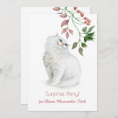ペルシャの子ネコのピンクの緑の花の誕生会 招待状 (正面/裏面)