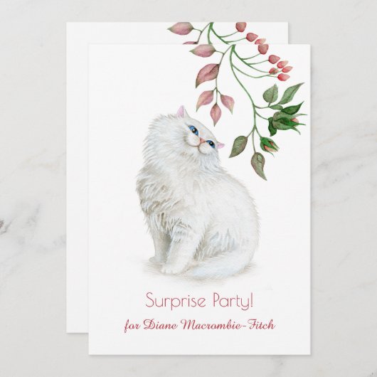 ペルシャの子ネコのピンクの緑の花の誕生会 招待状 (正面/裏面)