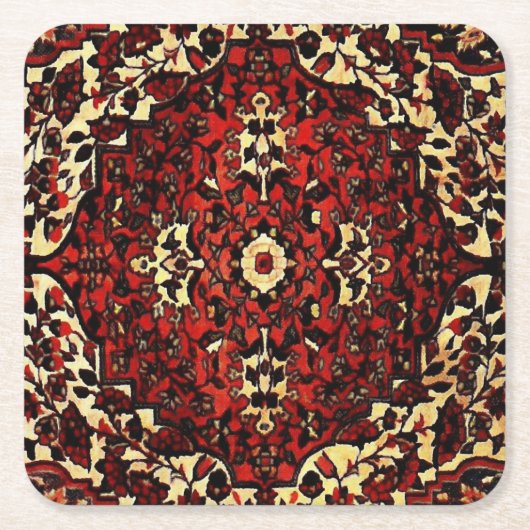 ペルシャの絨毯は濃い赤とクリーム色で見える スクエアペーパーコースター (正面)