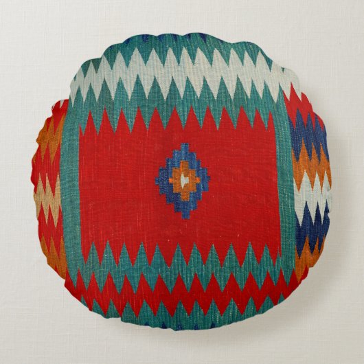 ペルシャサフレIシェブロンティール(緑がかった色)ブルーデザート ラウンドクッション (正面)