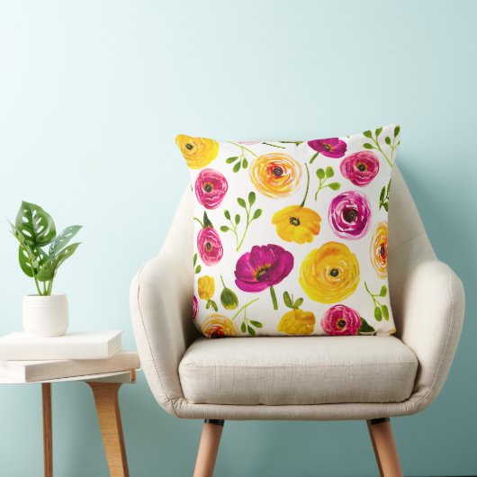 ペルシャバターカップ水彩フローラピンク&イエロー クッション (椅子)