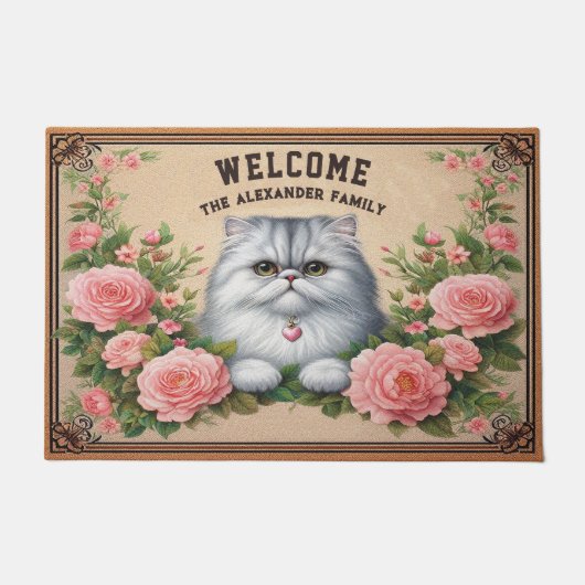 ペルシャパーソナライズされた猫のフローラスタイリッシュ歓迎 ドアマット (正面)