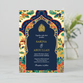 ペルシャフローラインレイ海軍ブルームスリム結婚ズ金ゴールド 箔招待状 (立ち正面)