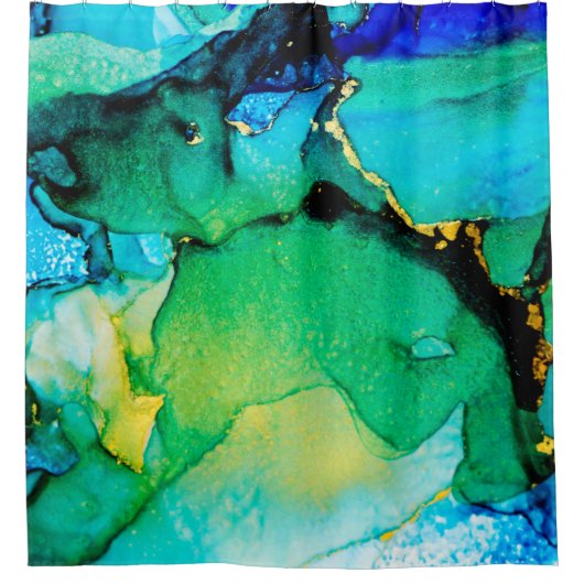 ペルシャブルー、チャートルーズグリーン。非常に美しい芸術 シャワーカーテン (正面)