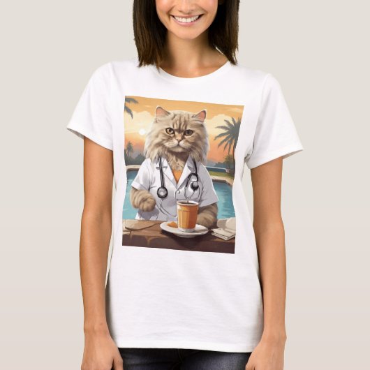 ペルシャ猫がコーヒーを飲む Tシャツ (正面)