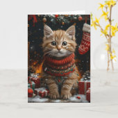 ペルシャ猫とクリスマスプレゼントの暖炉 カード (黄色い花)