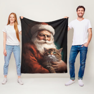 ペルシャ猫とサンタクロースのクリスマス フリースブランケット