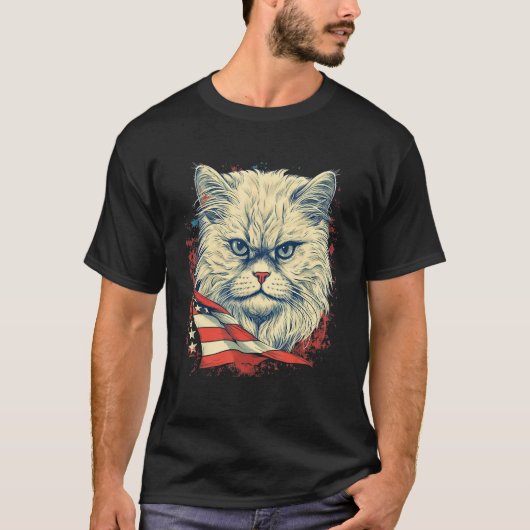ペルシャ猫と星条旗 7月4日 Tシャツ (正面)