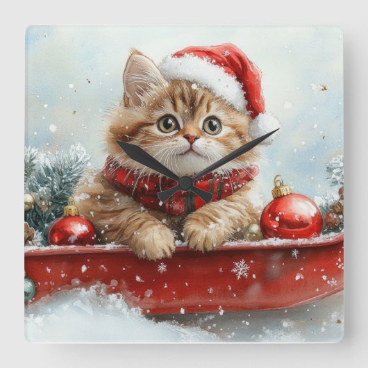 ペルシャ猫のそり「Let it Snow」クリスマス スクエア壁時計 (正面)