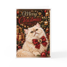 ペルシャ猫のクリスマスグリーティングカード(折りたたみ式) 名前入れ可能