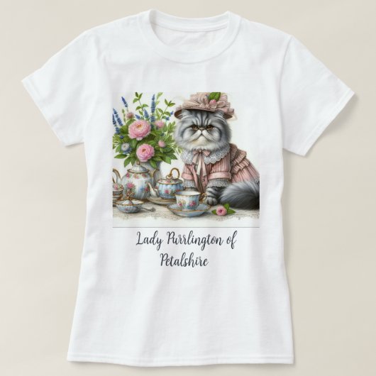 ペルシャ猫のフローラ帽子の真珠の紅茶パーティー Tシャツ (デザイン正面)