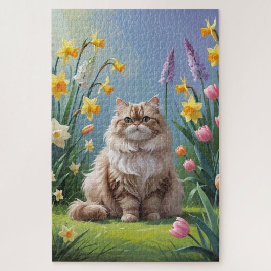 ペルシャ猫の春の花の絵画 ジグソーパズル (縦)
