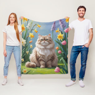 ペルシャ猫の春の花の絵 フリースブランケット