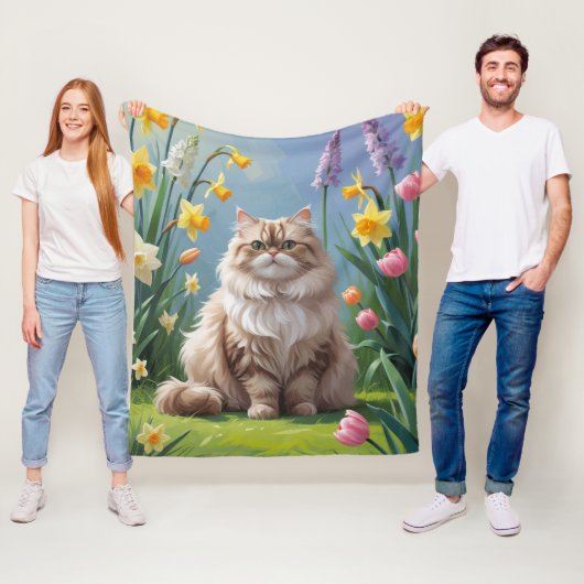 ペルシャ猫の春の花の絵 フリースブランケット (インサイチュ)