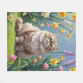 ペルシャ猫の春の花の絵 フリースブランケット (正面(横))
