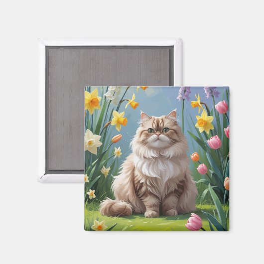 ペルシャ猫の春の花の絵 マグネット (正面/裏面)