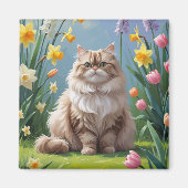 ペルシャ猫の春の花の絵 マグネット (正面)
