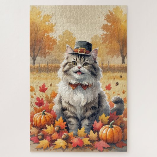 ペルシャ猫の秋の紅葉と感謝祭アート ジグソーパズル (縦)