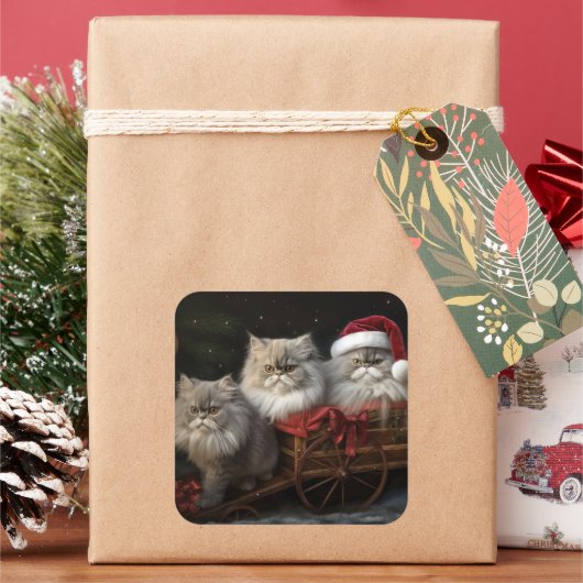 ペルシャ猫の雪そりクリスマスデコ スクエアシール (クリスマス)