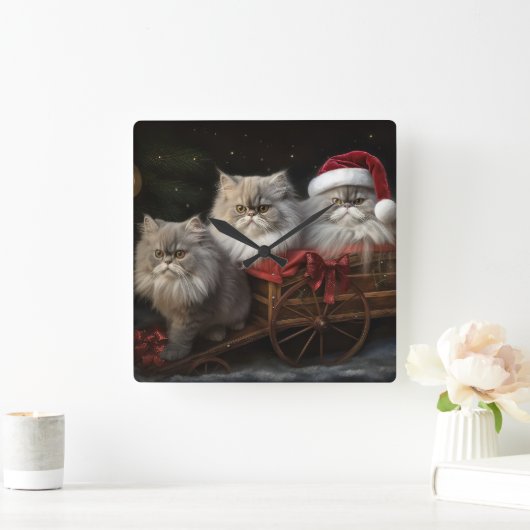 ペルシャ猫の雪そりクリスマスデコ スクエア壁時計 (ホーム)