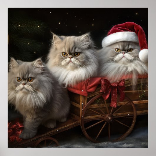 ペルシャ猫の雪そりクリスマスデコ ポスター (正面)