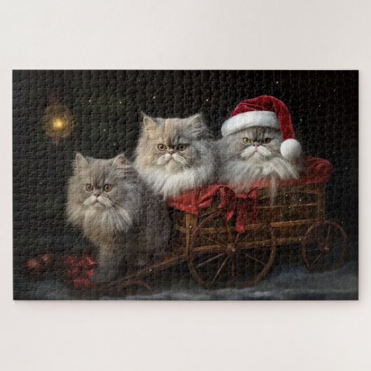 ペルシャ猫の雪景色そり クリスマスの飾り ジグソーパズル (横)