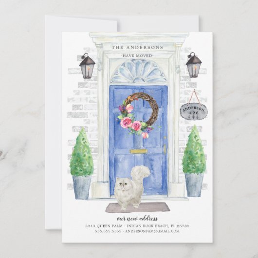 ペルシャ猫の青いドアが動いているお知らせ 招待状 (正面)