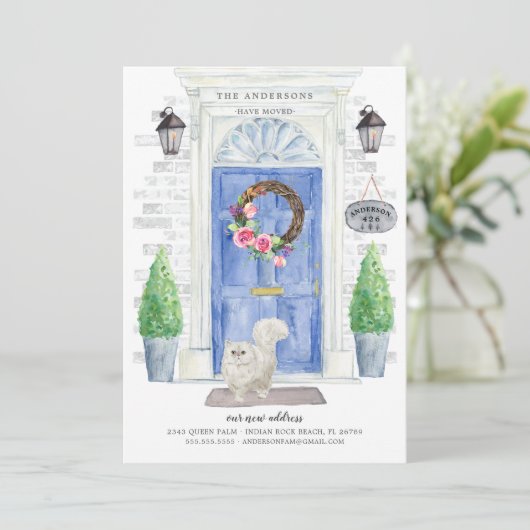 ペルシャ猫の青いドアが動いているお知らせ 招待状 (スタンド正面)