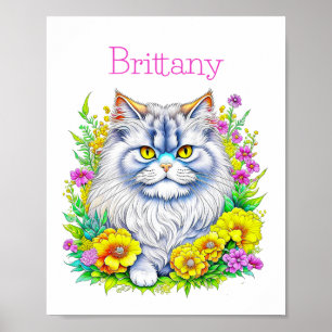 ペルシャ猫の黄色とピンクの花パーソナライズされた ポスター