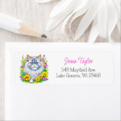 ペルシャ猫の黄色とピンクの花パーソナライズされた ラベル (インサイチュ)