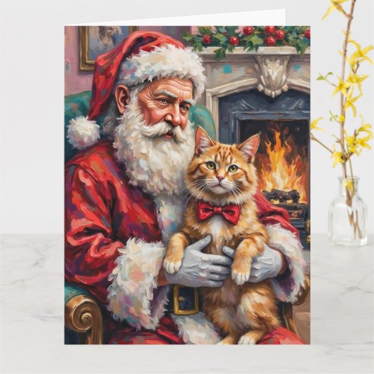 ペルシャ猫を抱くサンタクロースのクリスマスアート カード (黄色い花)