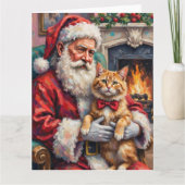 ペルシャ猫を抱くサンタクロースのクリスマスアート カード (正面)
