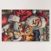 ペルシャ猫を抱くサンタクロースのクリスマスアート ジグソーパズル (横)