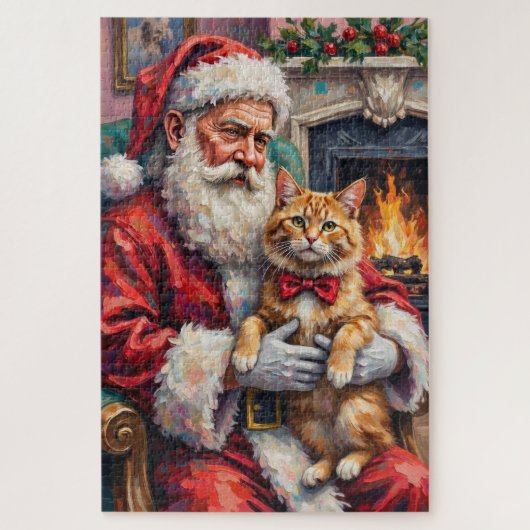 ペルシャ猫を抱くサンタクロースのクリスマスアート ジグソーパズル (縦)