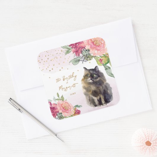 ペルシャ猫イラストレーションハッピーバースデーガールパーティー スクエアシール (封筒)