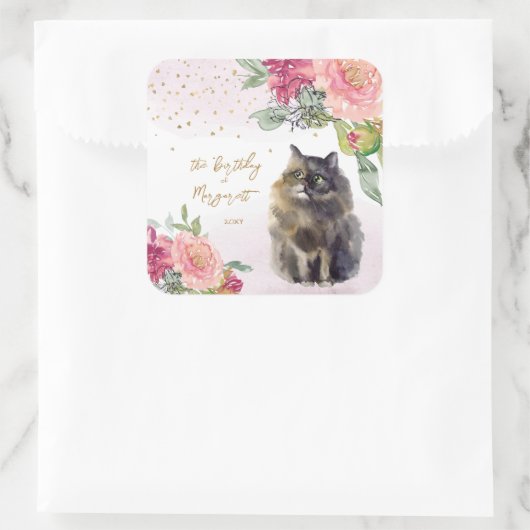 ペルシャ猫イラストレーションハッピーバースデーガールパーティー スクエアシール (バッグ)