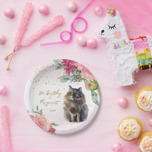 ペルシャ猫イラストレーションハッピーバースデーガールパーティー ペーパープレート (パーティー)