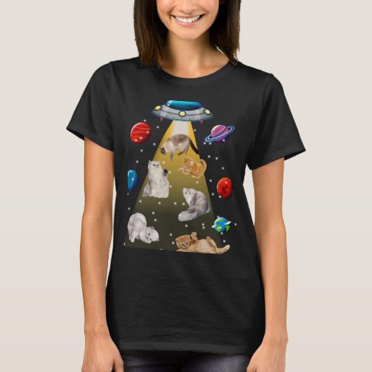 ペルシャ猫エイリアン誘拐用UFO銀河系猫 Tシャツ (正面)