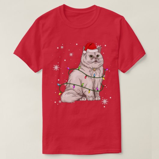 ペルシャ猫クリスマスライトクリスマスキャットサンタ Tシャツ (デザイン正面)