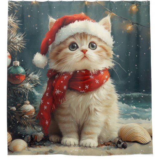 ペルシャ猫クリスマスヴィンテージビーチ シャワーカーテン (正面)