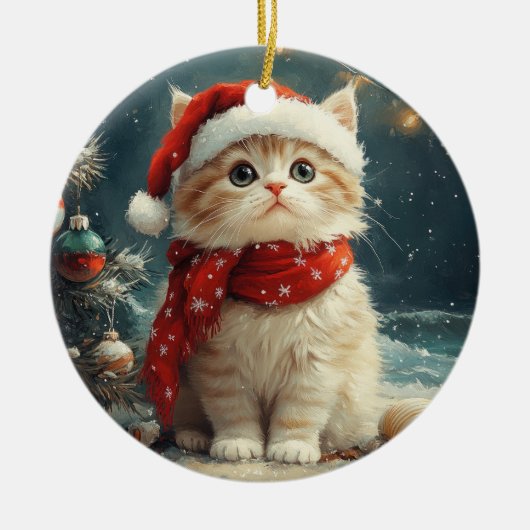 ペルシャ猫クリスマスヴィンテージビーチ セラミックオーナメント (正面)